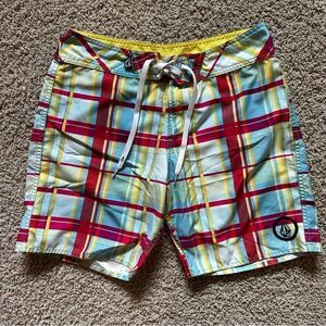 VOLCOM 32 Mens Swim BOARD SHORTS Plaid Surf Drawstring Red Blue Yellow Logo